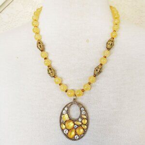Golden Yellow Calcite Beaded Mosaic Rhinestone Pendant Statement Necklace